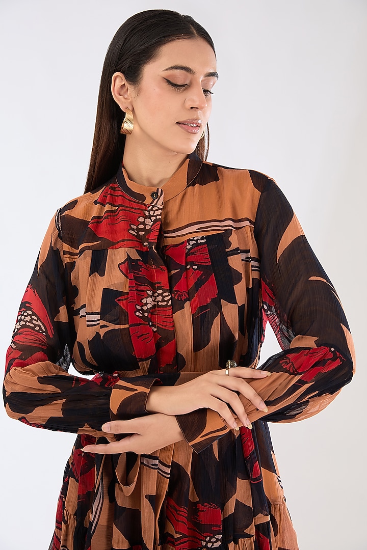 Orange & Brown Chiffon Digital Floral Printed Mini Summer Shirt Dress by Koai at Pernia's Pop Up Shop