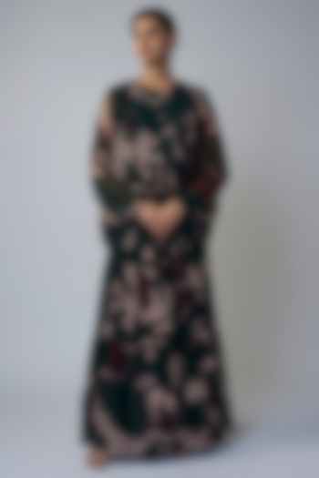 Dark Green & Beige Chiffon Digital Printed Maxi Dress by Koai at Pernia's Pop Up Shop