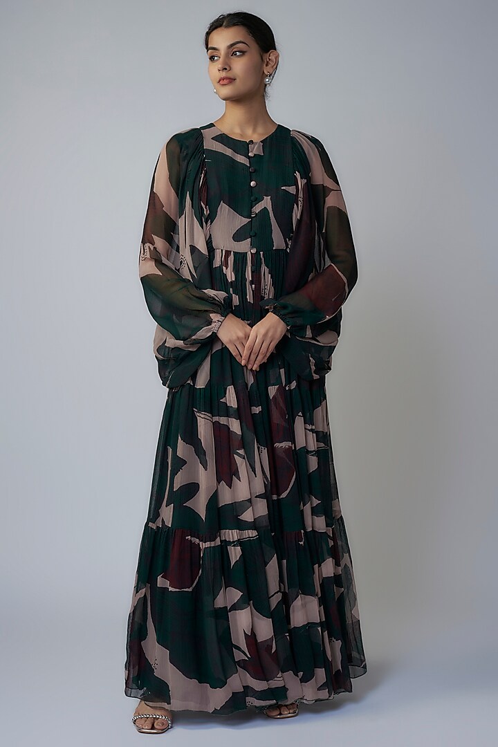 Dark Green & Beige Chiffon Digital Printed Maxi Dress by Koai at Pernia's Pop Up Shop