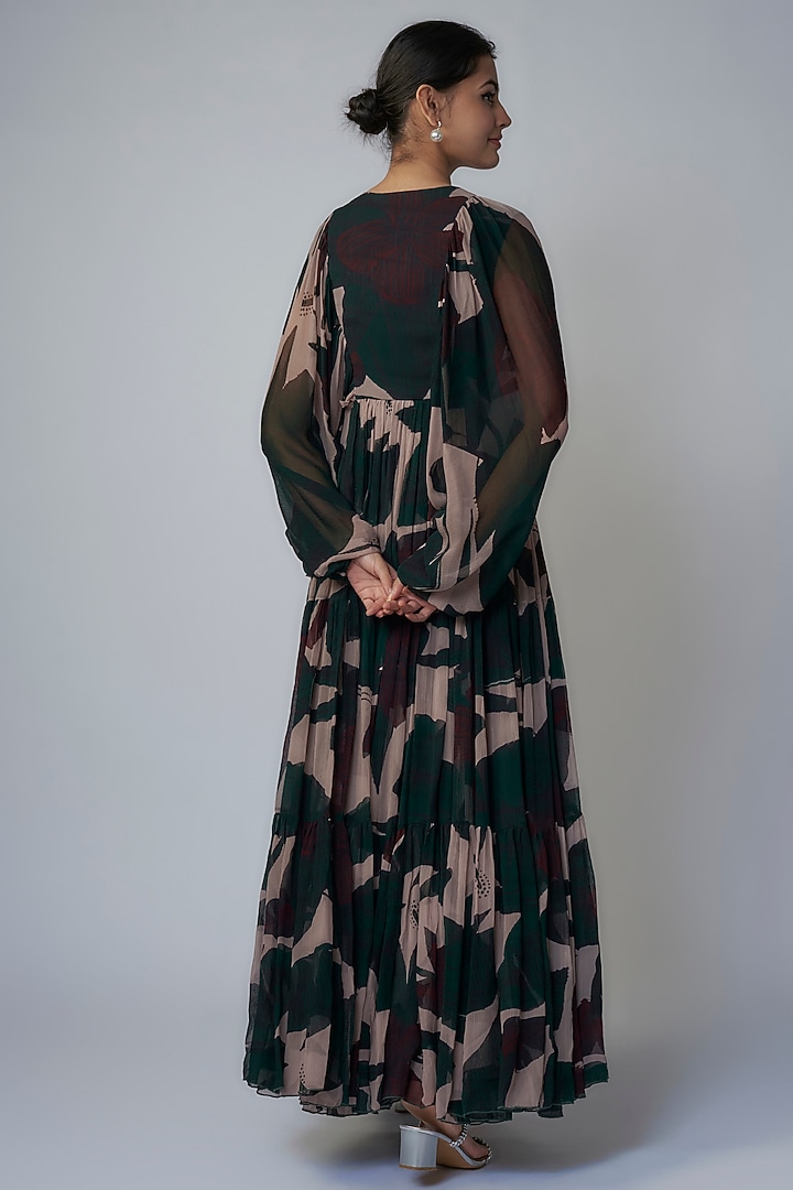 Dark Green & Beige Chiffon Digital Printed Maxi Vacation Dress by Koai at Pernia's Pop Up Shop