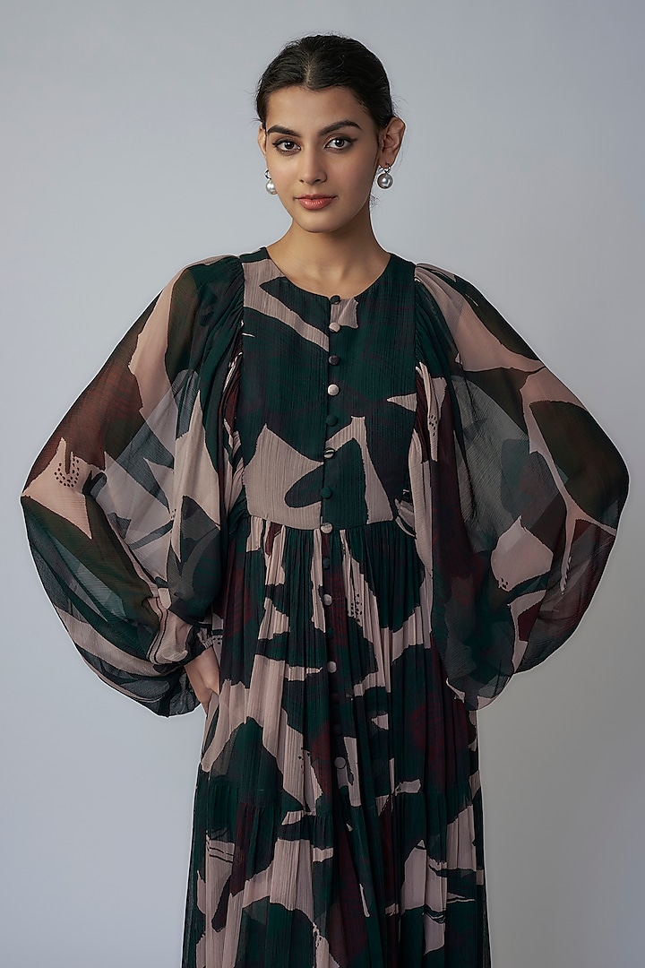 Dark Green & Beige Chiffon Digital Printed Maxi Vacation Dress by Koai at Pernia's Pop Up Shop