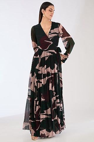 Dark Green & Beige Chiffon Digital Floral Printed Mini Wrap Dress by Koai