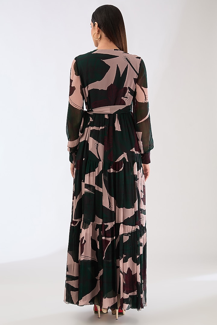 Dark Green & Beige Chiffon Digital Floral Printed Mini Wrap Vacation Dress by Koai at Pernia's Pop Up Shop