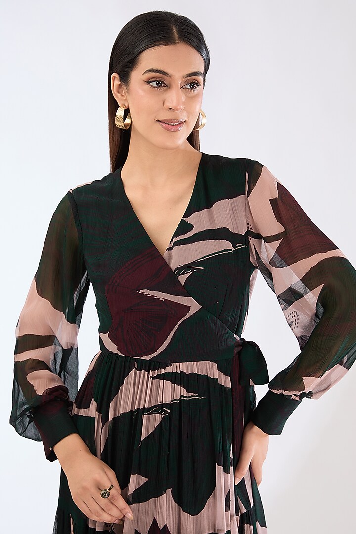 Dark Green & Beige Chiffon Digital Floral Printed Mini Wrap Vacation Dress by Koai at Pernia's Pop Up Shop