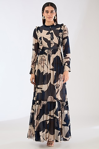 Blue & Off-White Chiffon Digital Floral Printed Maxi Dress by Koai