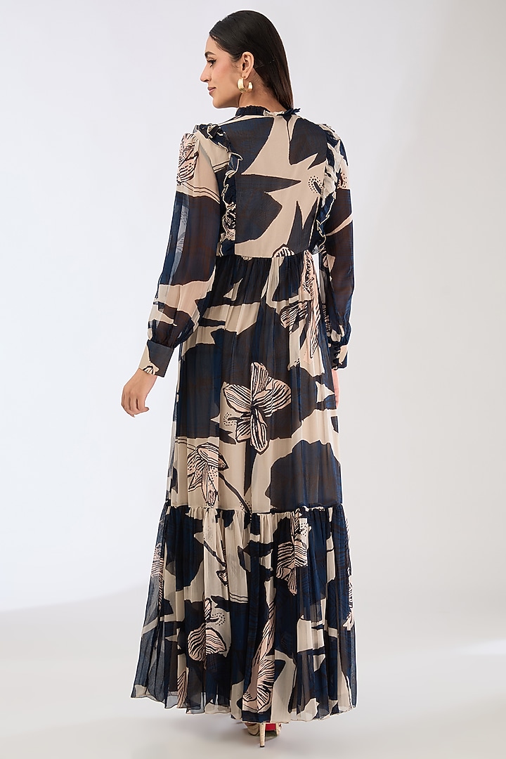 Blue & Off-White Chiffon Digital Floral Printed Maxi Vacation Dress by Koai at Pernia's Pop Up Shop