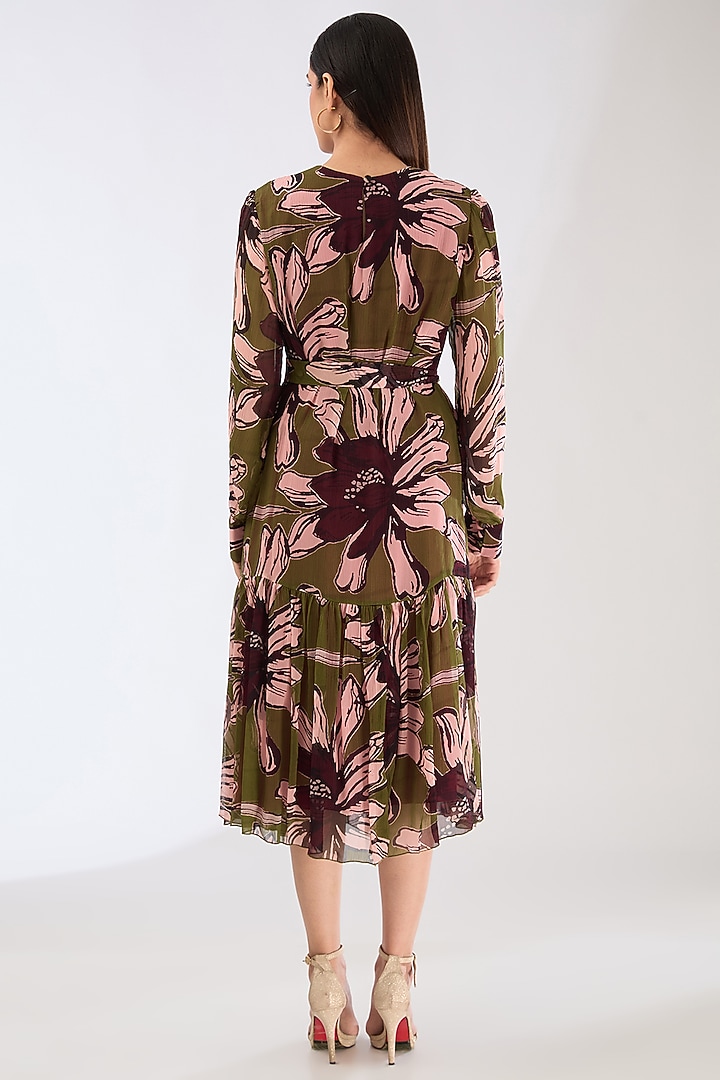 Green & Pink Chiffon Digital Floral Printed Midi Vacation Dress by Koai at Pernia's Pop Up Shop
