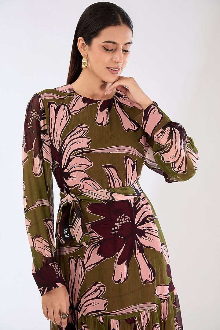 Green & Pink Chiffon Digital Floral Printed Midi Vacation Dress by Koai at Pernia's Pop Up Shop