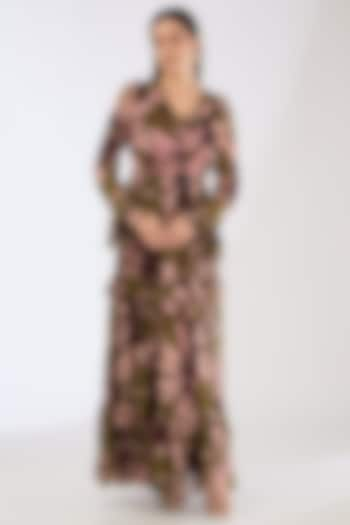 Green & Pink Chiffon Digital Floral Printed Maxi Dress by Koai at Pernia's Pop Up Shop