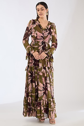 Green & Pink Chiffon Digital Floral Printed Maxi Dress by Koai