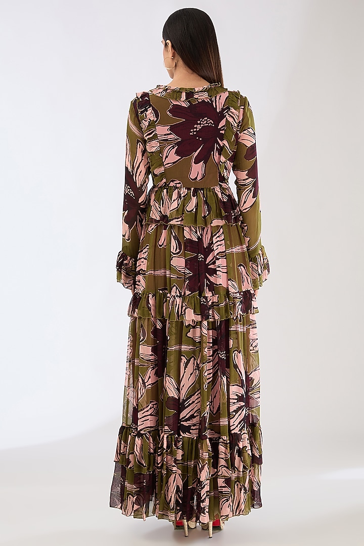 Green & Pink Chiffon Digital Floral Printed Maxi Vacation Dress by Koai at Pernia's Pop Up Shop