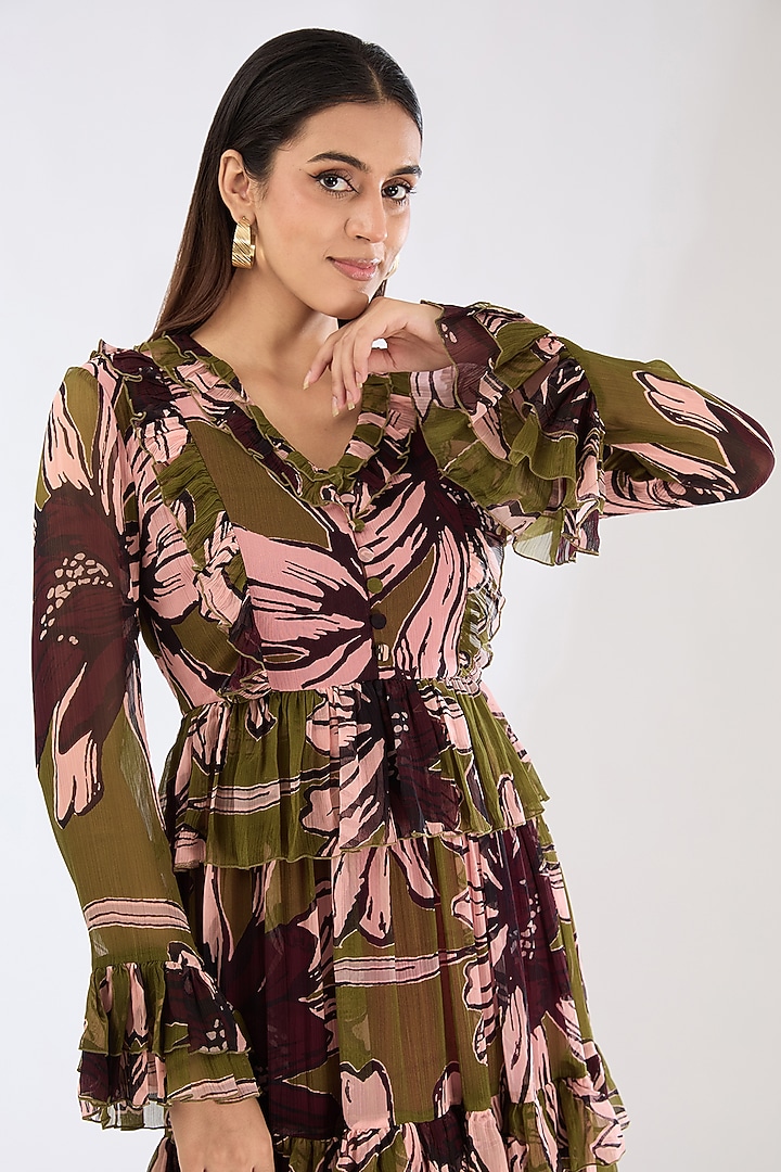 Green & Pink Chiffon Digital Floral Printed Maxi Vacation Dress by Koai at Pernia's Pop Up Shop