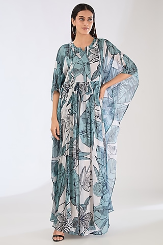 Sky Blue & White Chiffon Digital Floral Printed Kaftan Dress by Koai