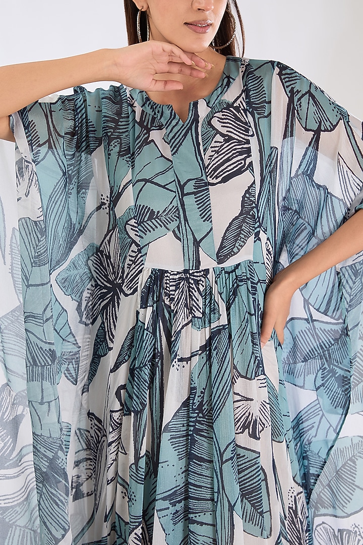 Sky Blue & White Chiffon Digital Floral Printed Kaftan Summer Dress by Koai at Pernia's Pop Up Shop