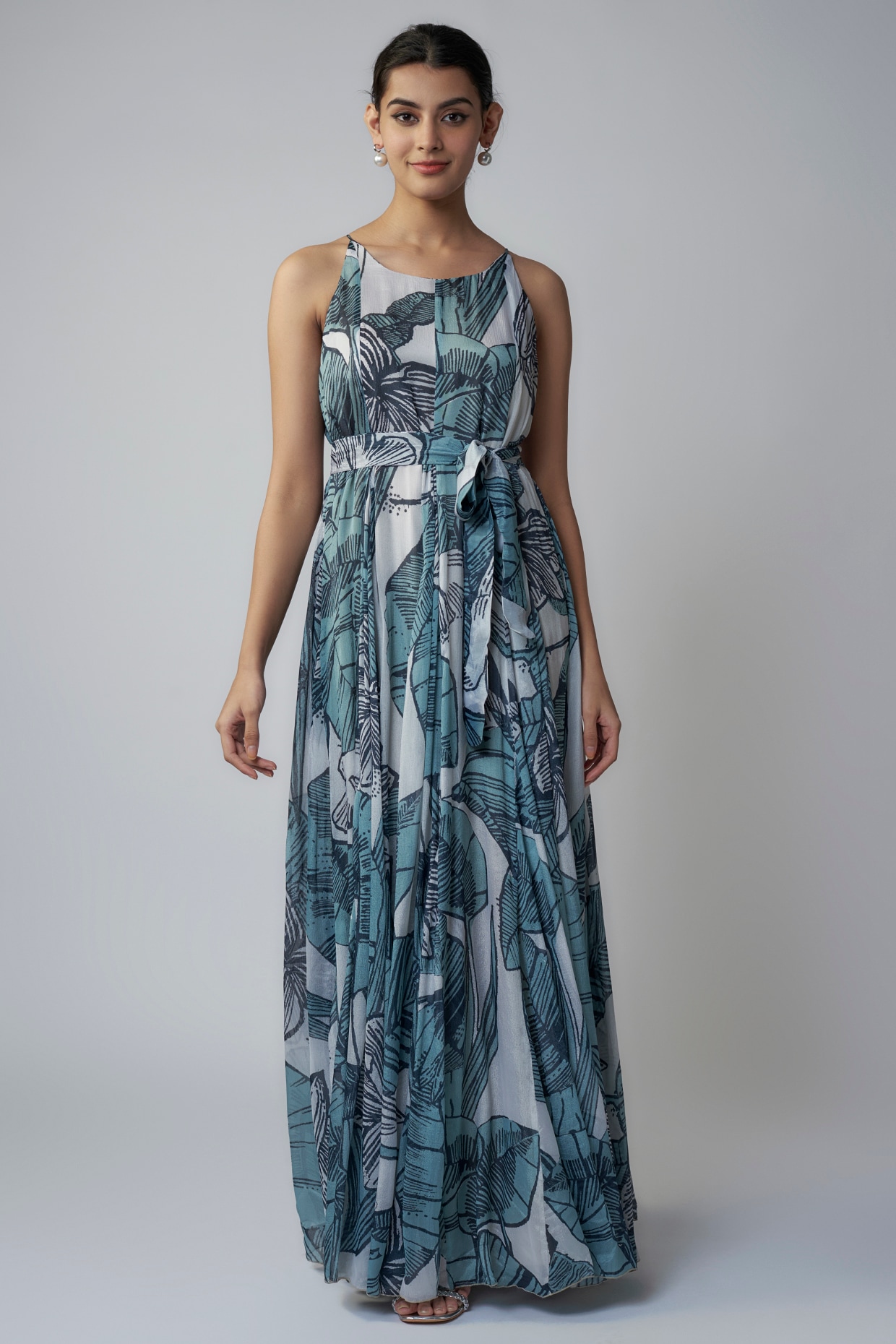 Sky Blue & White Chiffon Digital Printed Maxi Dress By Koai At Pernia's 