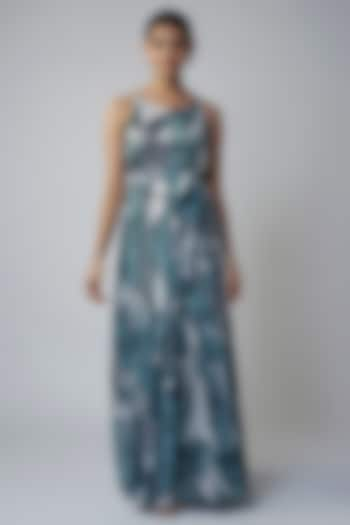 Sky Blue & White Chiffon Digital Printed Maxi Dress by Koai at Pernia's Pop Up Shop