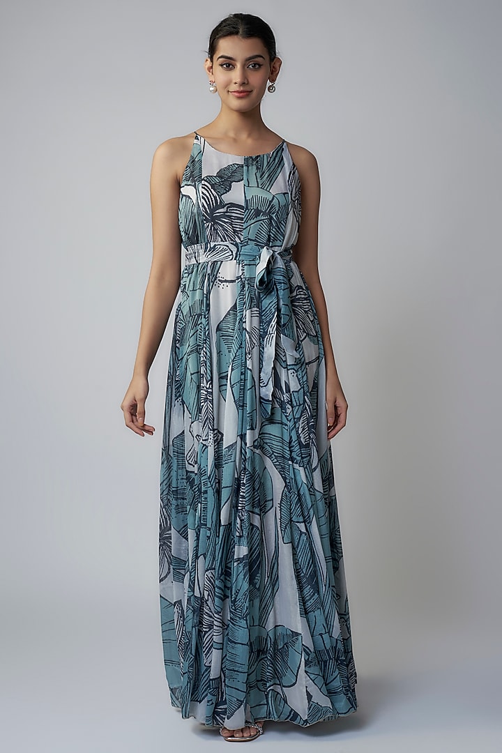 Sky Blue & White Chiffon Digital Printed Maxi Dress by Koai at Pernia's Pop Up Shop