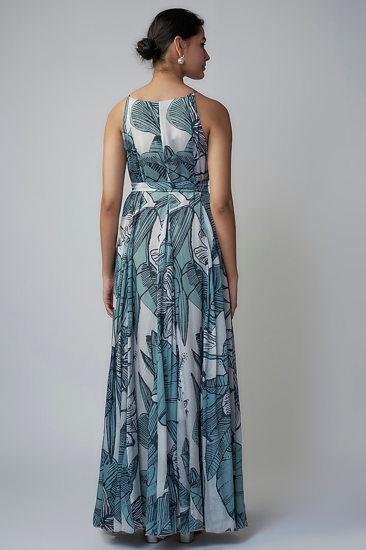Sky Blue & White Chiffon Digital Printed Maxi Vacation Dress by Koai at Pernia's Pop Up Shop