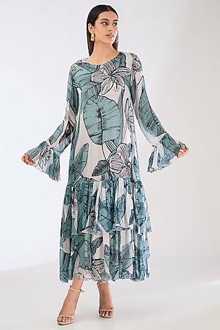 Sky Blue & White Chiffon Digital Floral Printed Midi Dress by Koai