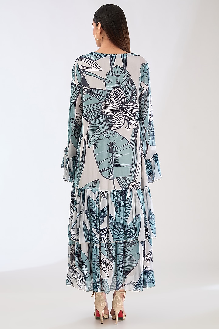 Sky Blue & White Chiffon Digital Floral Printed Midi Vacation Dress by Koai at Pernia's Pop Up Shop