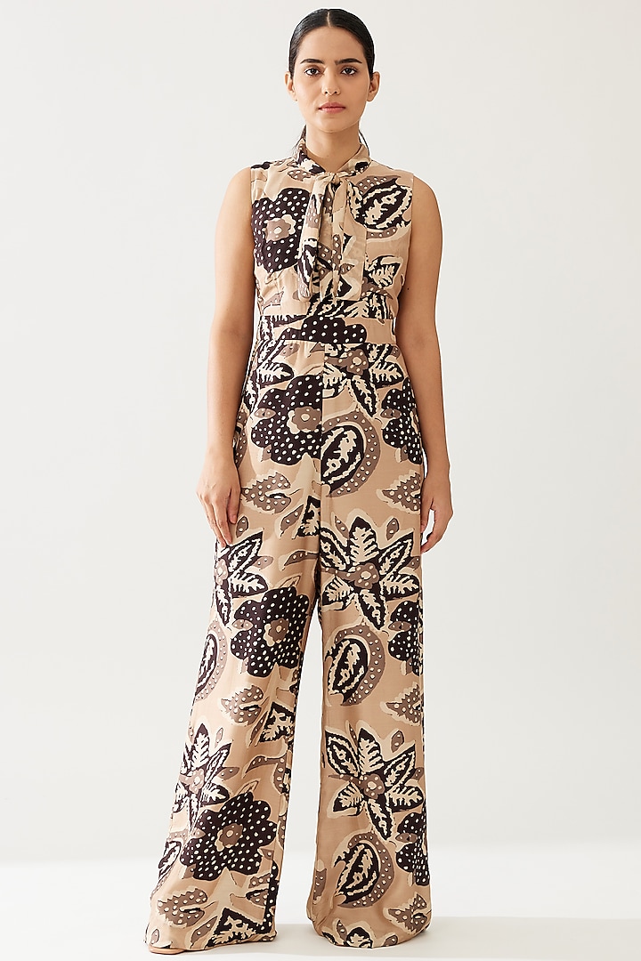 Cream & Dark Brown Cotton Silk Floral Jumpsuit by Koai at Pernia's Pop Up Shop