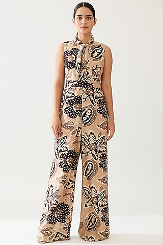 Cream & Dark Brown Cotton Silk Floral Jumpsuit by Koai