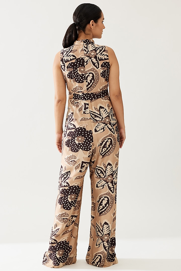 Cream & Dark Brown Cotton Silk Floral Jumpsuit by Koai at Pernia's Pop Up Shop