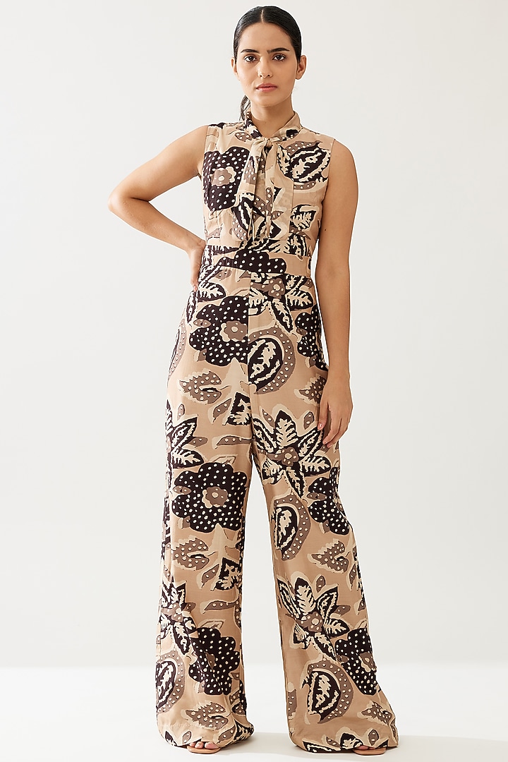 Cream & Dark Brown Cotton Silk Floral Jumpsuit by Koai at Pernia's Pop Up Shop