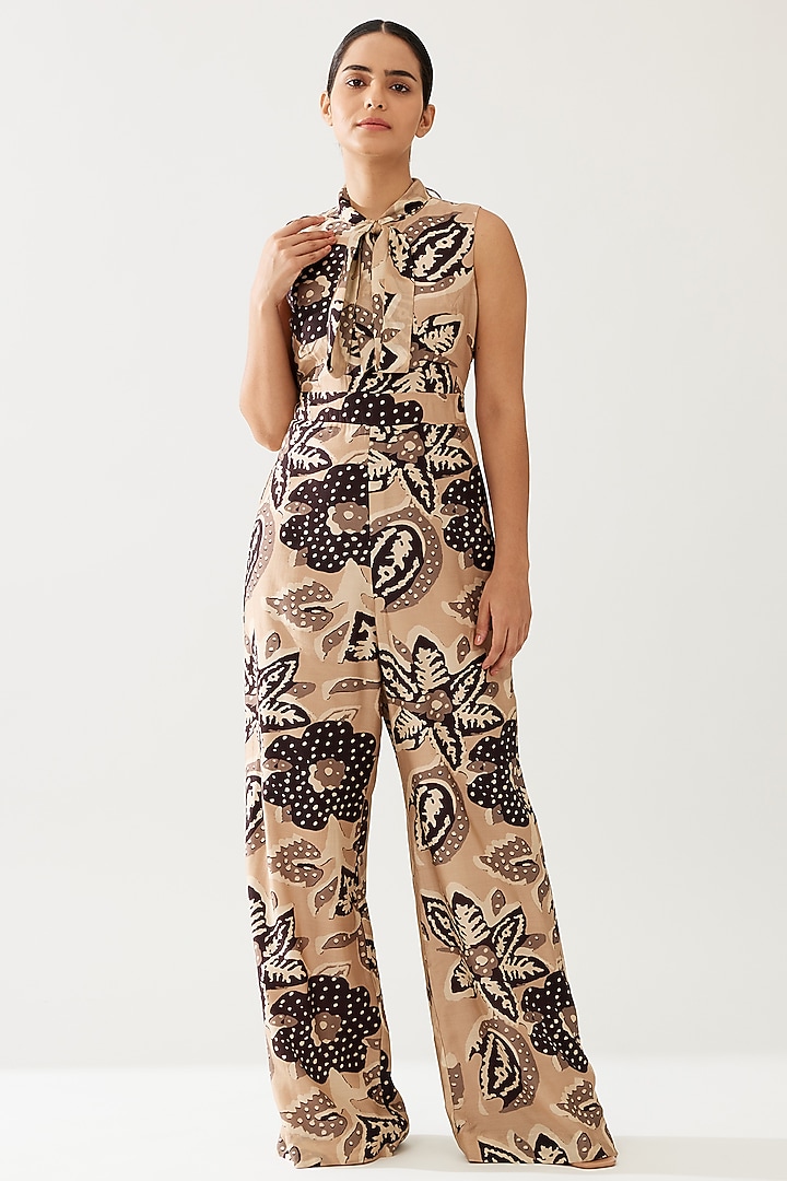 Cream & Dark Brown Cotton Silk Floral Jumpsuit by Koai at Pernia's Pop Up Shop