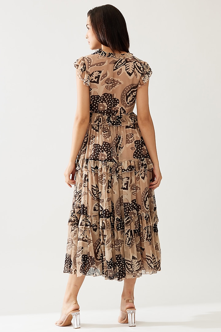 Cream & Dark Brown Chiffon Floral Midi Vacation Dress by Koai at Pernia's Pop Up Shop