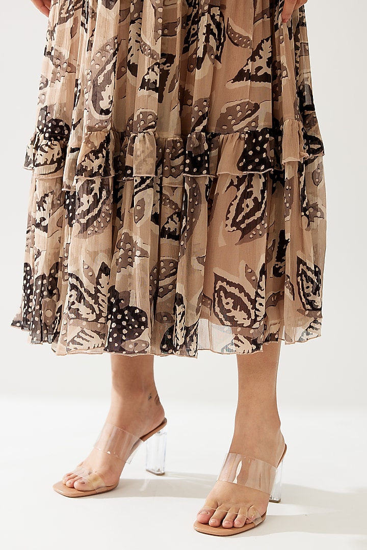 Cream & Dark Brown Chiffon Floral Midi Vacation Dress by Koai at Pernia's Pop Up Shop