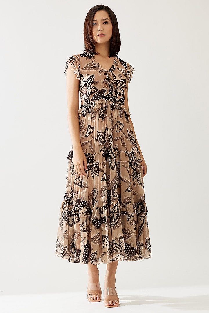 Cream & Dark Brown Chiffon Floral Midi Vacation Dress by Koai at Pernia's Pop Up Shop