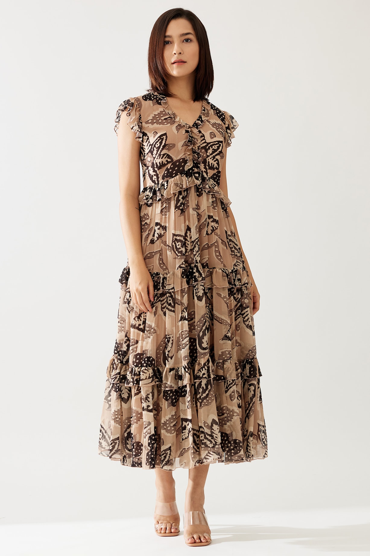 Cream & Dark Brown Chiffon Floral Midi Dress by Koai at Pernia's Pop Up  Shop 2026