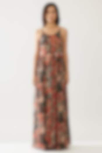 Pink & Dark Blue Chiffon Floral Maxi Dress With Belt by Koai at Pernia's Pop Up Shop