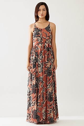Pink & Dark Blue Chiffon Floral Maxi Dress With Belt by Koai