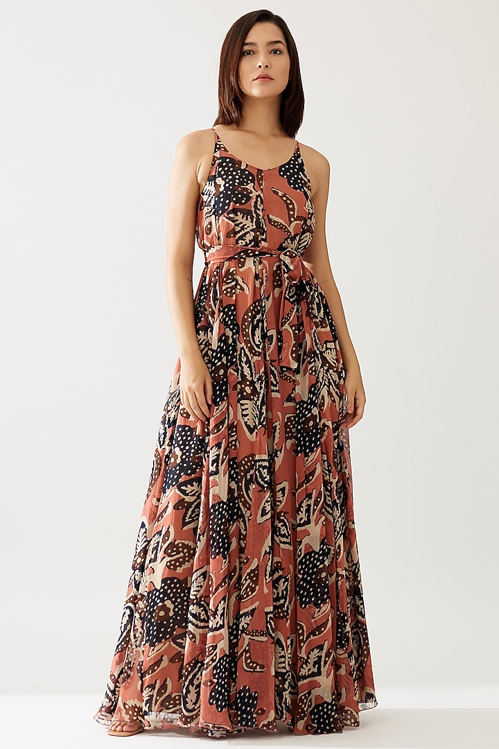 Pink & Dark Blue Chiffon Floral Maxi Vacation Dress With Belt by Koai at Pernia's Pop Up Shop