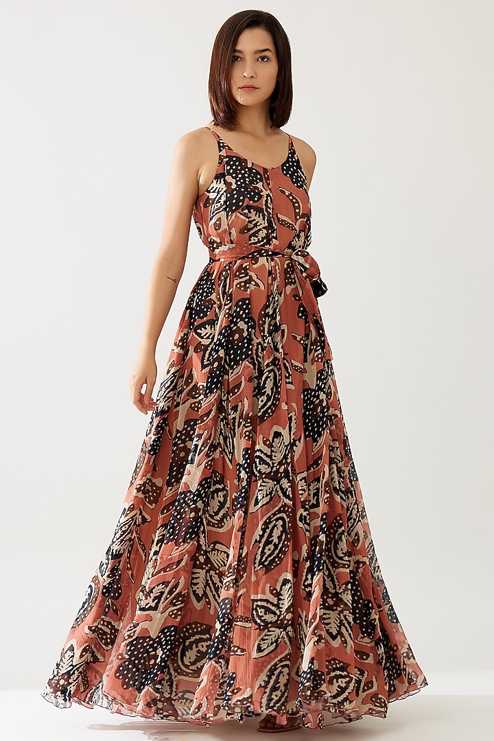 Pink & Dark Blue Chiffon Floral Maxi Vacation Dress With Belt by Koai at Pernia's Pop Up Shop
