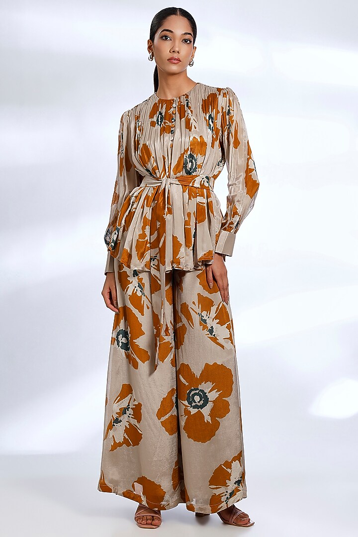 Beige & Rust Chiffon Floral Digital Printed Co-Ord Set by Koai at Pernia's Pop Up Shop