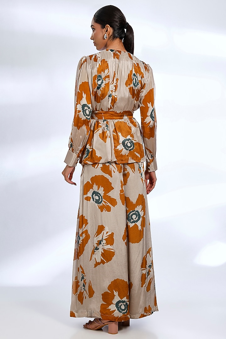 Beige & Rust Chiffon Floral Digital Printed Co-Ord Set by Koai at Pernia's Pop Up Shop