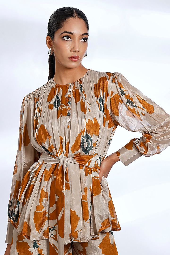 Beige & Rust Chiffon Floral Digital Printed Co-Ord Set by Koai at Pernia's Pop Up Shop