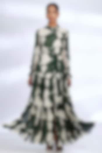 Green & White Chiffon Abstract Digital Printed Maxi Vacation Dress by Koai at Pernia's Pop Up Shop