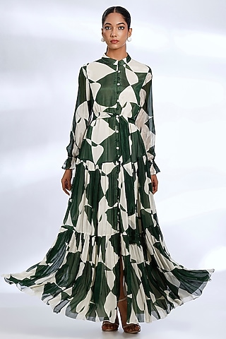 Green & White Chiffon Abstract Digital Printed Maxi Dress by Koai