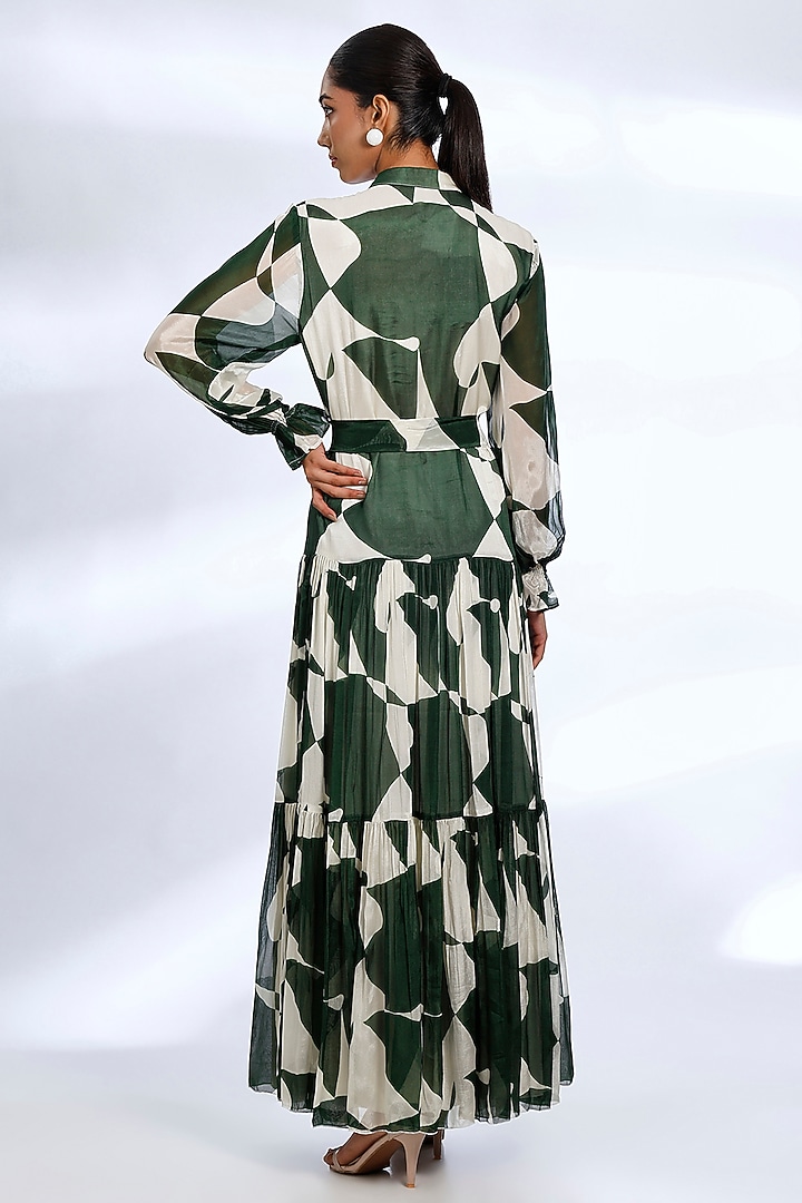 Green & White Chiffon Abstract Digital Printed Maxi Vacation Dress by Koai at Pernia's Pop Up Shop