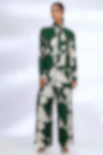 Green & White Muslin Cotton Silk Abstract Digital Printed Co-Ord Set by Koai at Pernia's Pop Up Shop