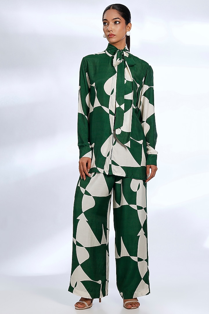 Green & White Muslin Cotton Silk Abstract Digital Printed Co-Ord Set by Koai at Pernia's Pop Up Shop
