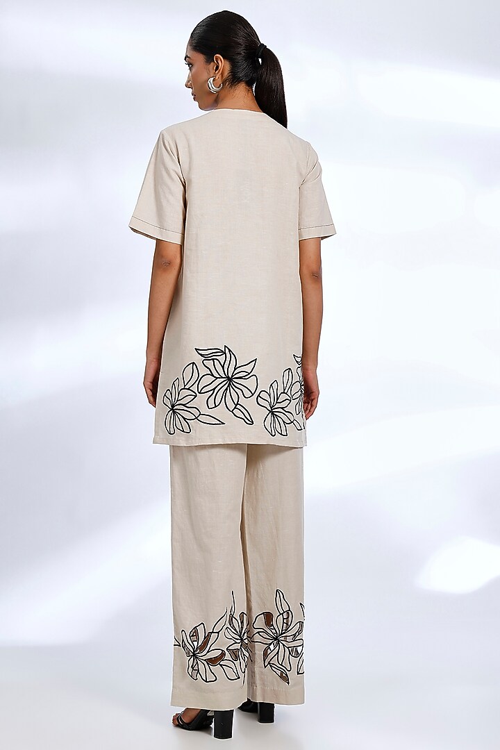 Cream Linen Digital Printed & Embroidered Co-Ord Set by Koai at Pernia's Pop Up Shop