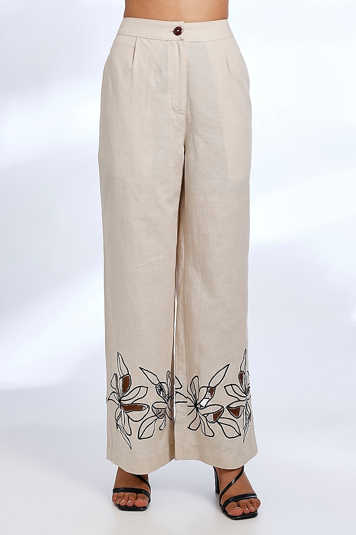 Cream Linen Digital Printed & Embroidered Co-Ord Set by Koai at Pernia's Pop Up Shop