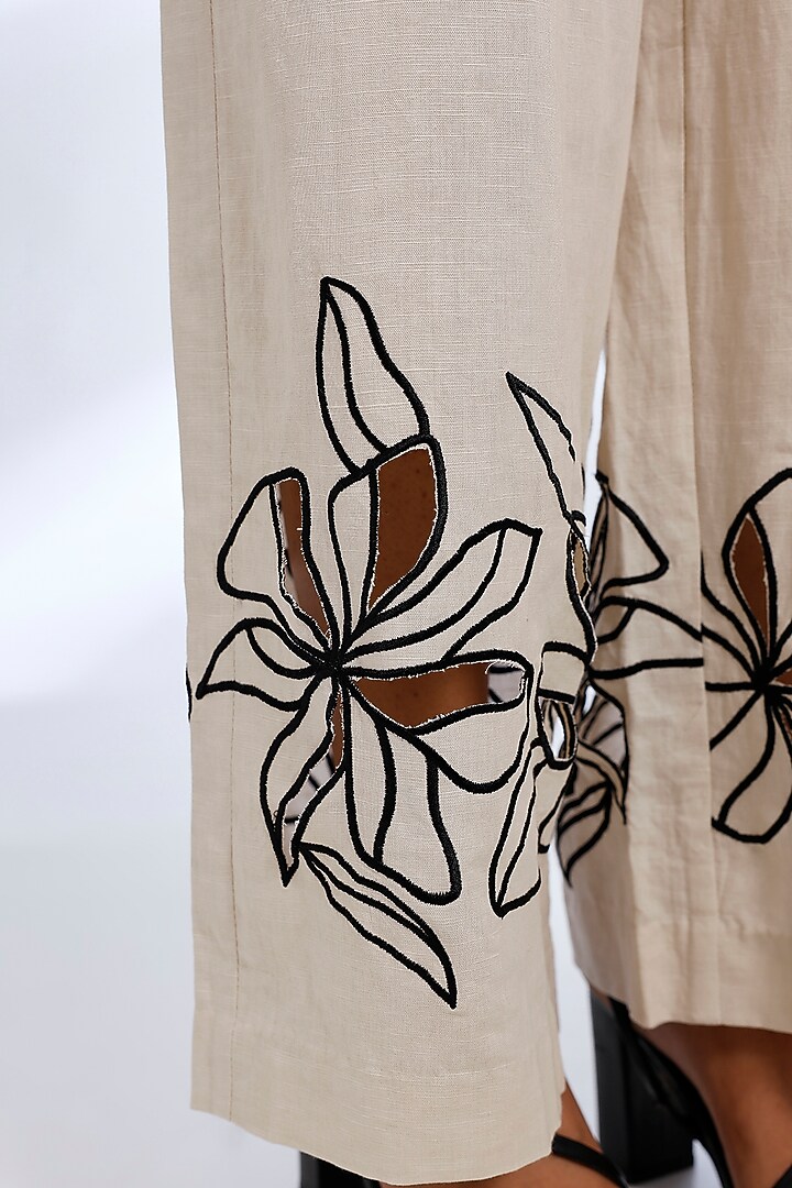 Cream Linen Digital Printed & Embroidered Co-Ord Set by Koai at Pernia's Pop Up Shop
