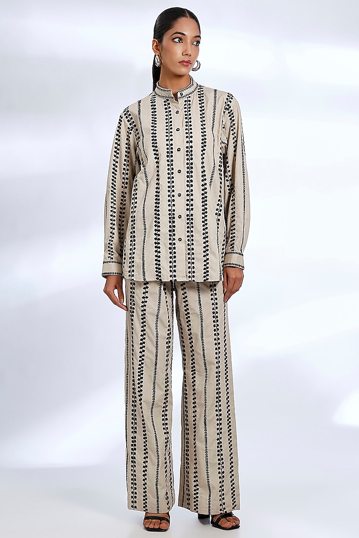 Beige Poplin Cotton Digital Printed & Embroidered Co-Ord Set by Koai at Pernia's Pop Up Shop