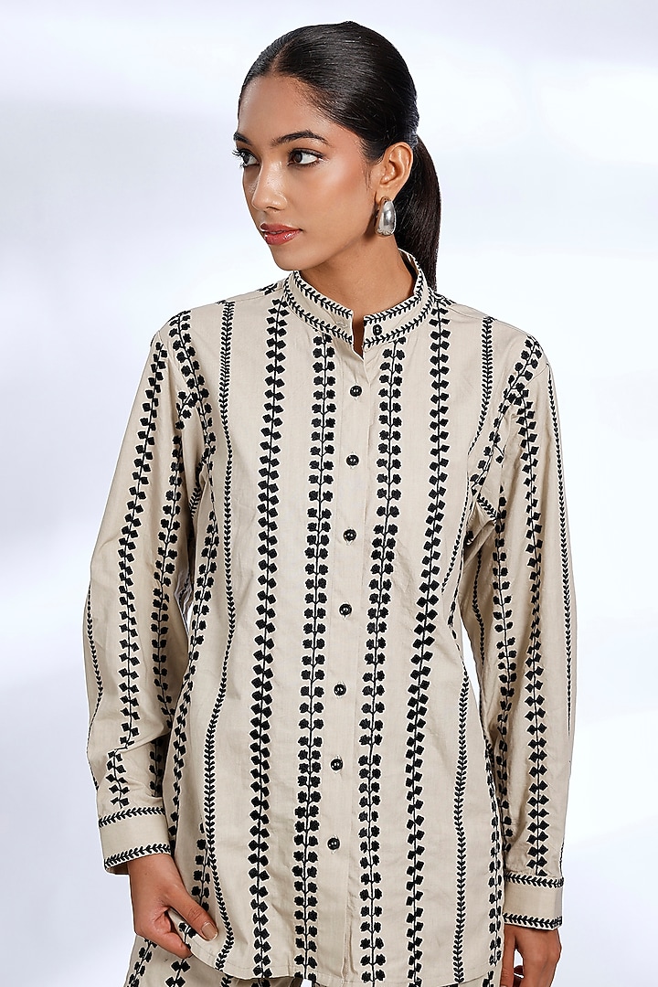 Beige Poplin Cotton Digital Printed & Embroidered Co-Ord Set by Koai at Pernia's Pop Up Shop
